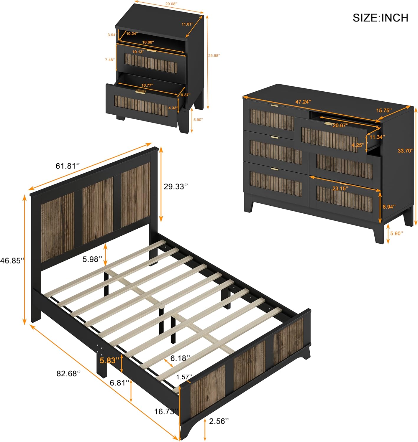 Farmhouse 4-Pieces Bedroom Sets, Queen Size Farmhouse Platform Bed with Wooden Strip Stickers Decoration, 2 Nightstands and 6 Drawer Dresser with Metal Handle (Black-4PS)