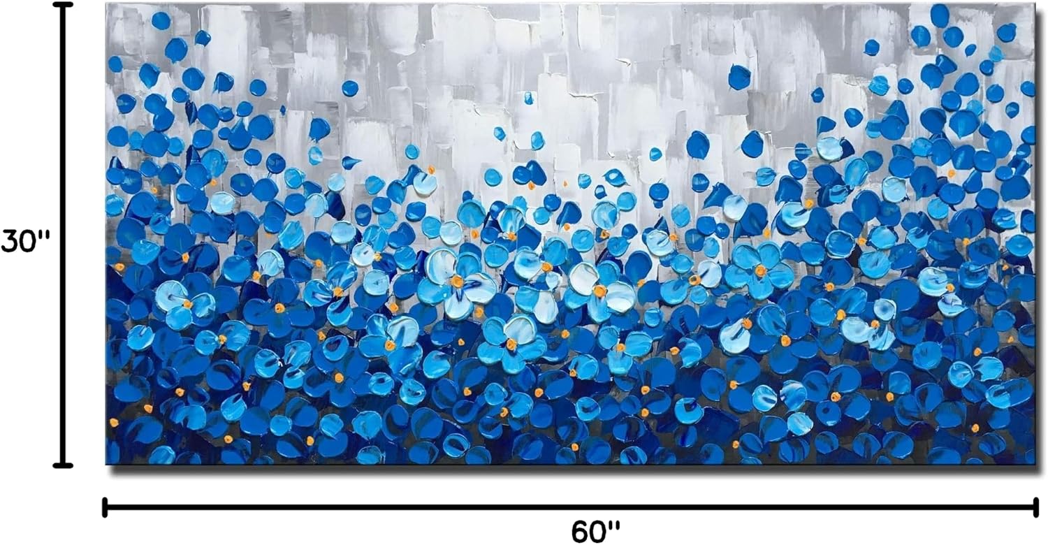 MyArton Large Textured Blue Flowers Canvas Wall Art Hand Painted Modern Decoration Oil Painting Picture Framed Ready to Hang 60x30inch