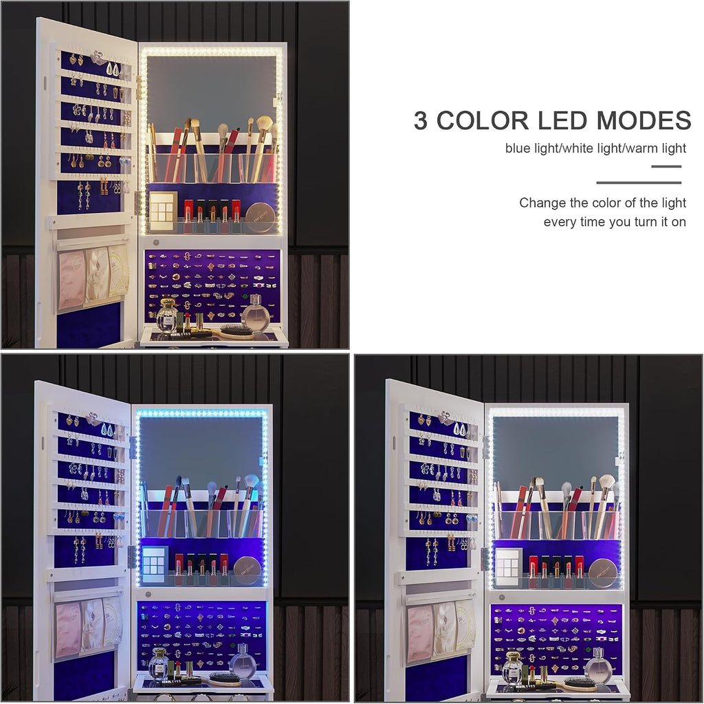 HNEBC LED Light Jewelry Organizer Mirror 360° Rotating, Jewelry Armoire with Door Mirror, Full Length Mirror Jewelry Cabinet, Mirror with Jewelry Storage, Large Jewelry Boxes & Organizers（B_White）