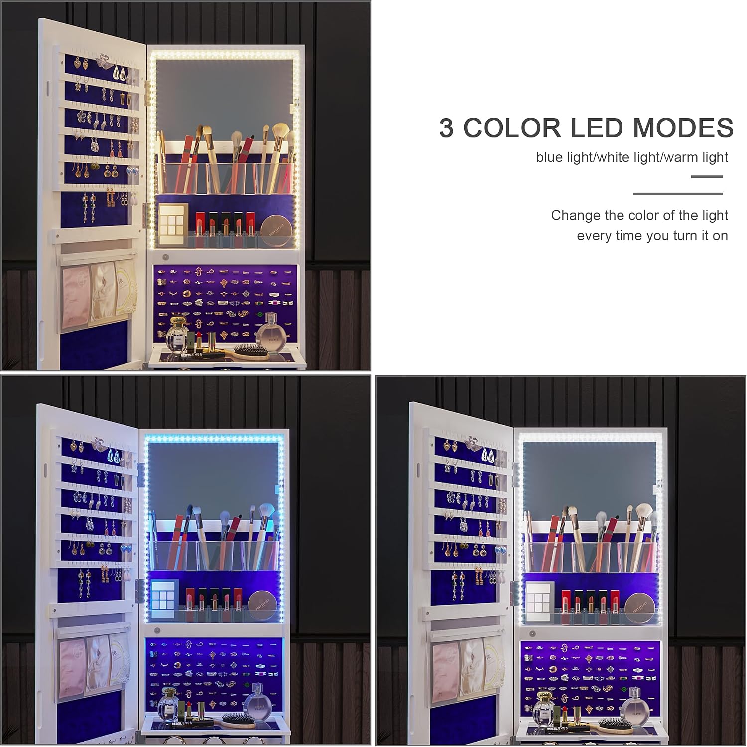 HNEBC LED Light Jewelry Organizer Mirror 360° Rotating, Jewelry Armoire with Door Mirror, Full Length Mirror Jewelry Cabinet, Mirror with Jewelry Storage, Large Jewelry Boxes & Organizers（B_White）
