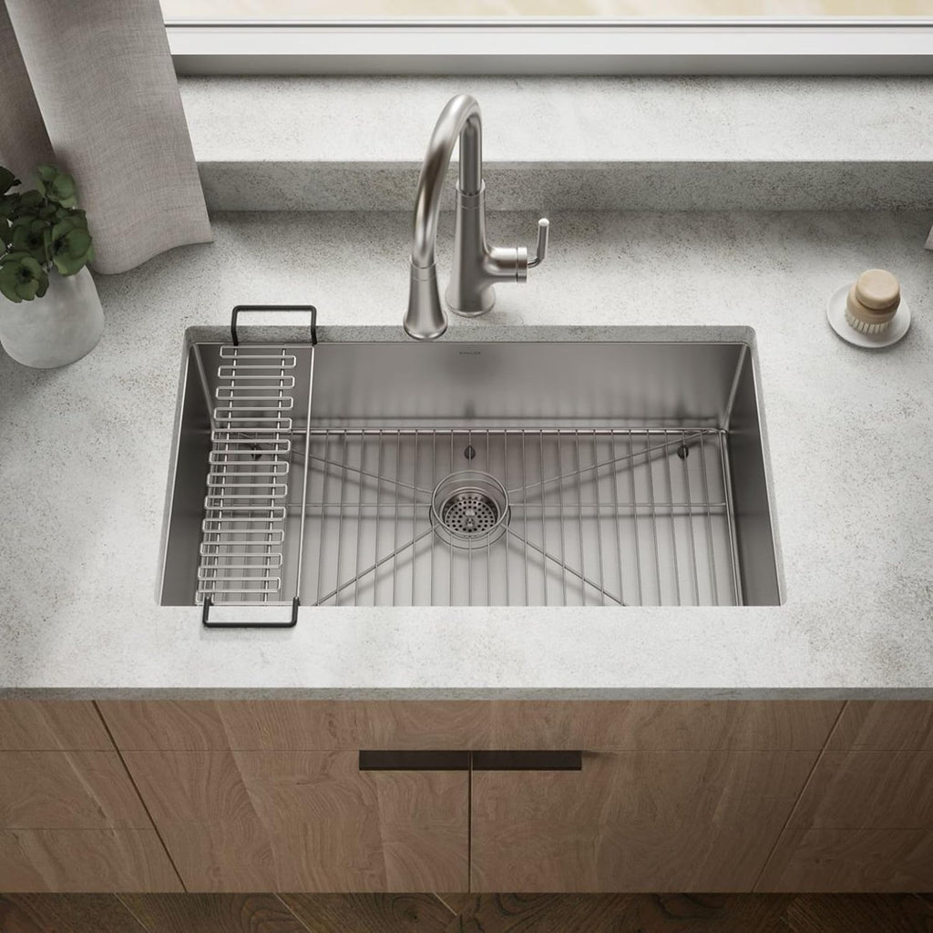 KOHLER Strive® 32' Undermount Kitchen Sink, Single Bowl Kitchen Sinks with Basin Rack, Stainless Steel, K-5285-NA