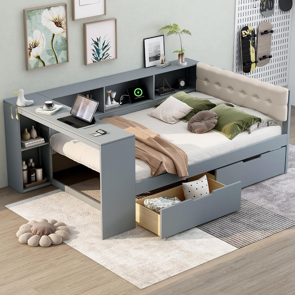 Ball & Cast Wood Full Size Platform Bed with Storage Shelves and Drawers,Multiple Bed Frame w/Charging Station & Upholstered Headboard,Bedroom Furniture Bedframe for Apartment,Gray