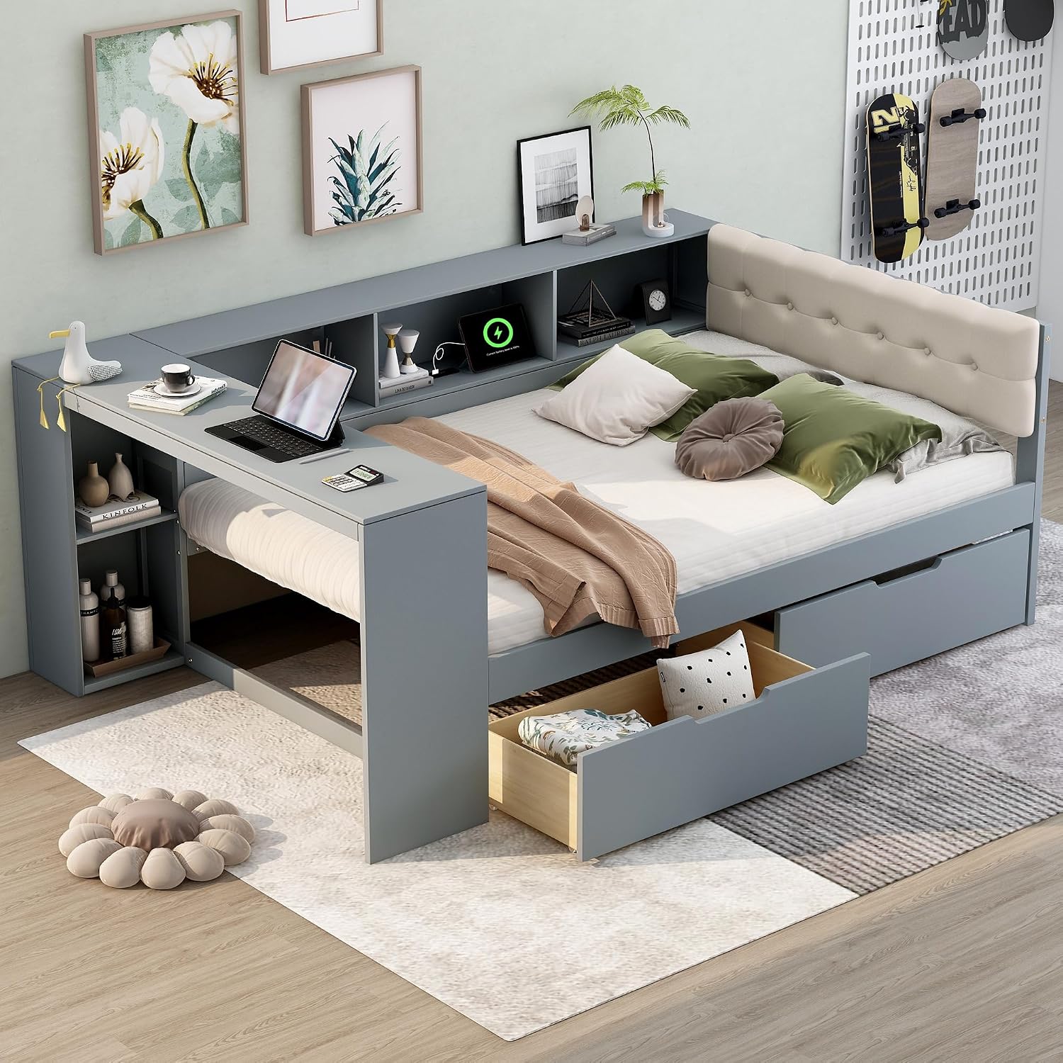 Ball & Cast Wood Full Size Platform Bed with Storage Shelves and Drawers,Multiple Bed Frame w/Charging Station & Upholstered Headboard,Bedroom Furniture Bedframe for Apartment,Gray