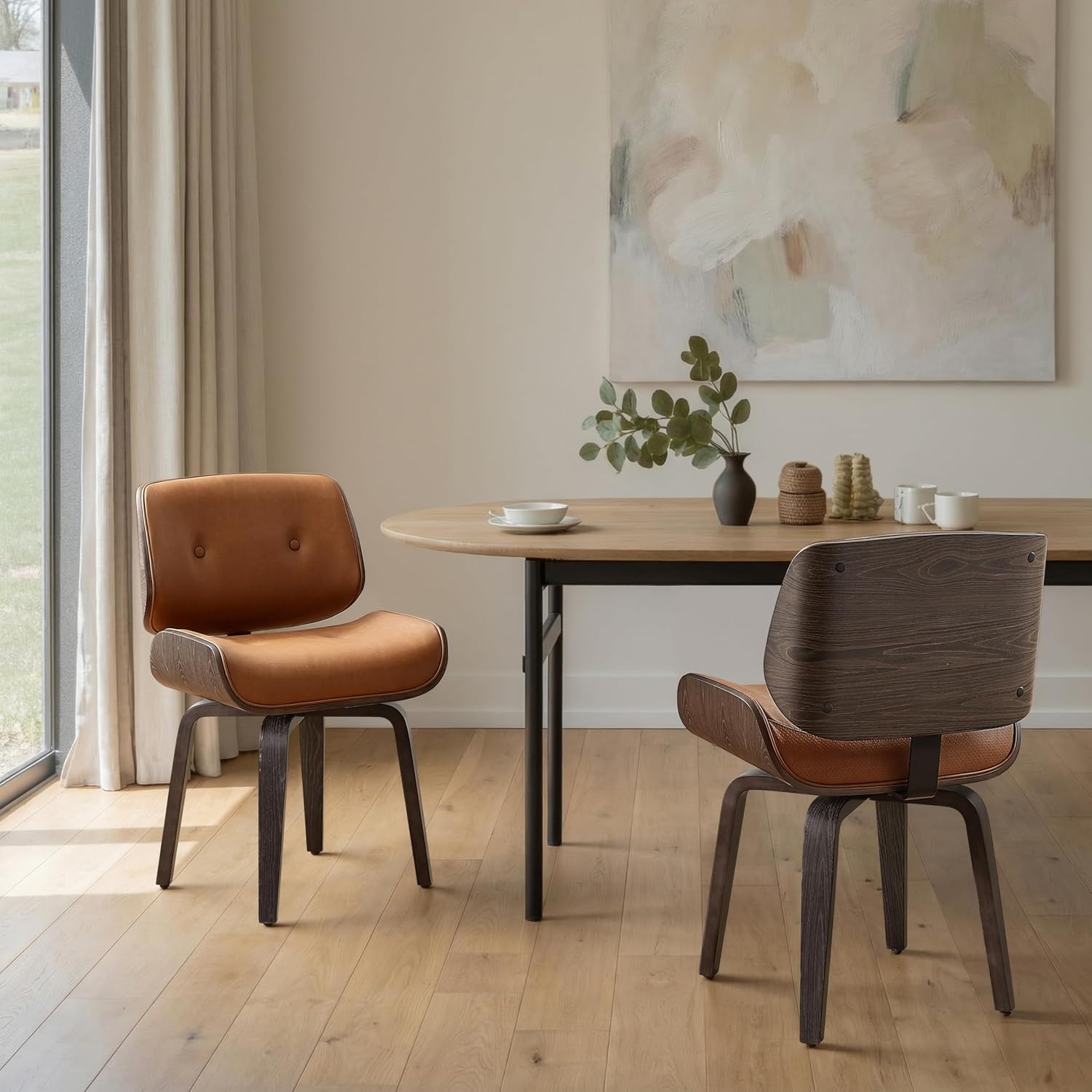 Zouron Swivel Dining Chairs Set of 2, Mid Century Modern Upholstered Faux Leather Chair with Black Oak Bentwood and Wood Legs for Kitchen Dining Room, Thickened Cushion, Button Brown