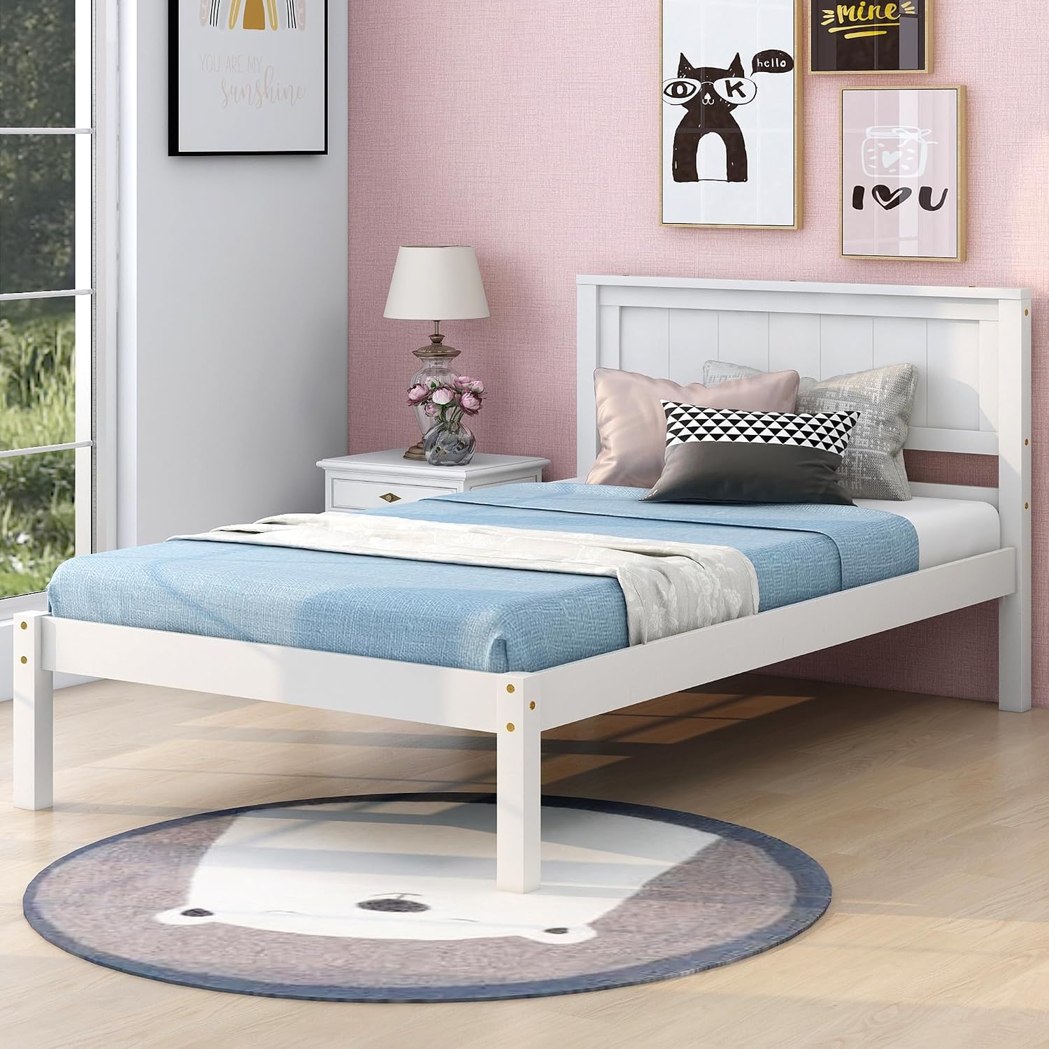 Wood Platform Bed, Bed Frame with Headboard, Wood Slat Support, No Box Spring Needed, Twin, White
