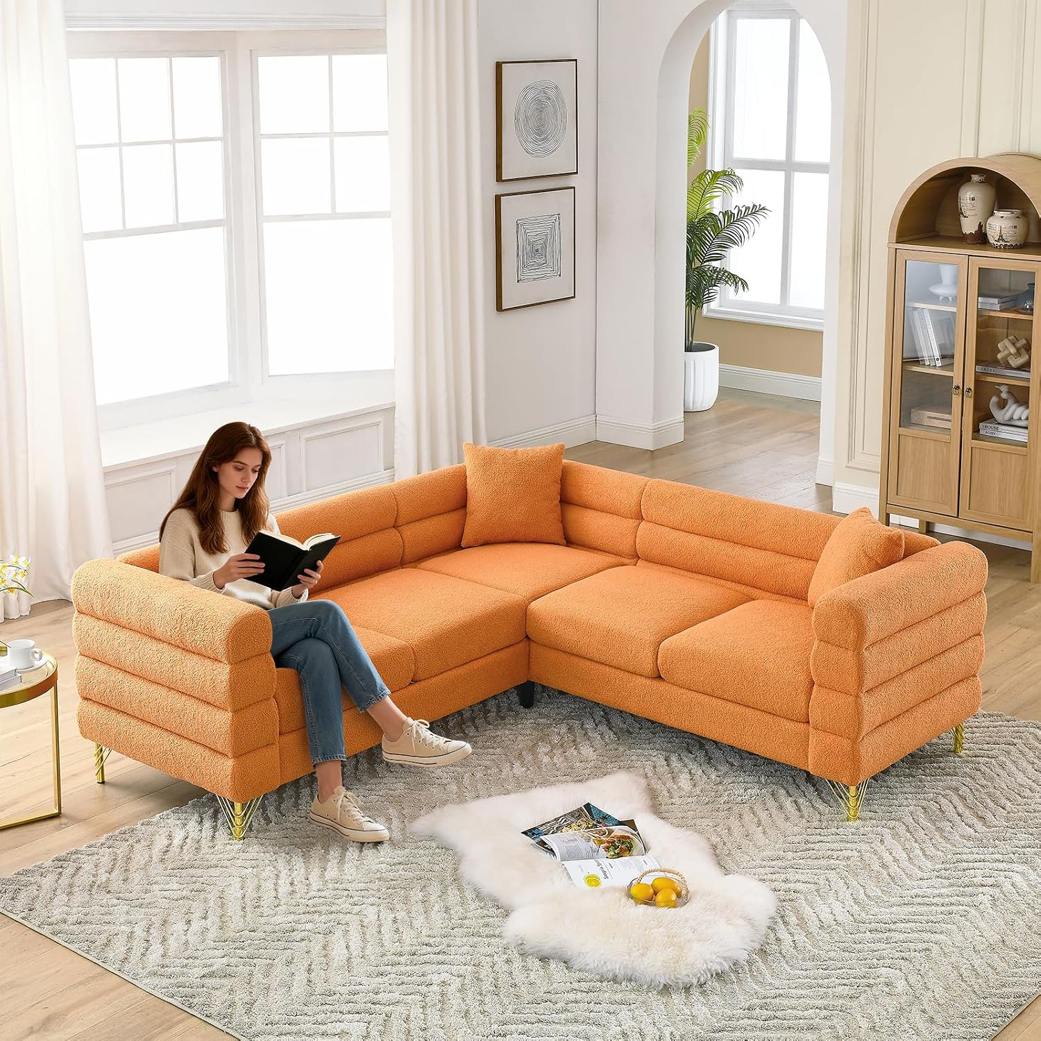 L-Shaped Sectional Couch, 81.5' Oversized Corner Sofa Teddy Boucle Comfy Cloud Modern Upholstered Deep Seat Set with Stylish Metal Legs for Living Room Home Office,Apartment, Orange
