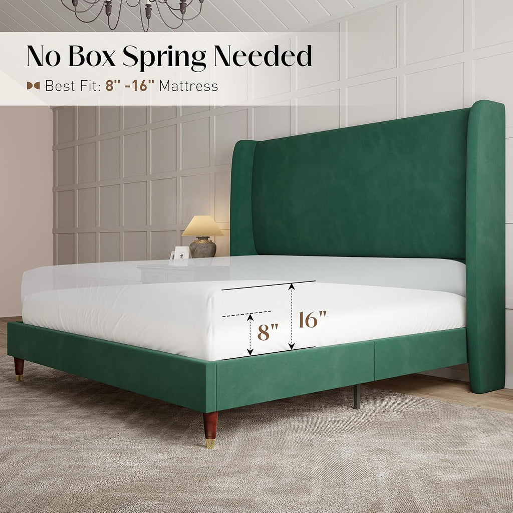 PaPaJet King Bed Frame with 51.2' Tall Wingback Headboard,Velvet Upholstered Platform Bed,Solid Wood Legs,No Box Spring Needed,Noise-Free&Easy Assembly,for Master Bedroom & Luxury Home,Green