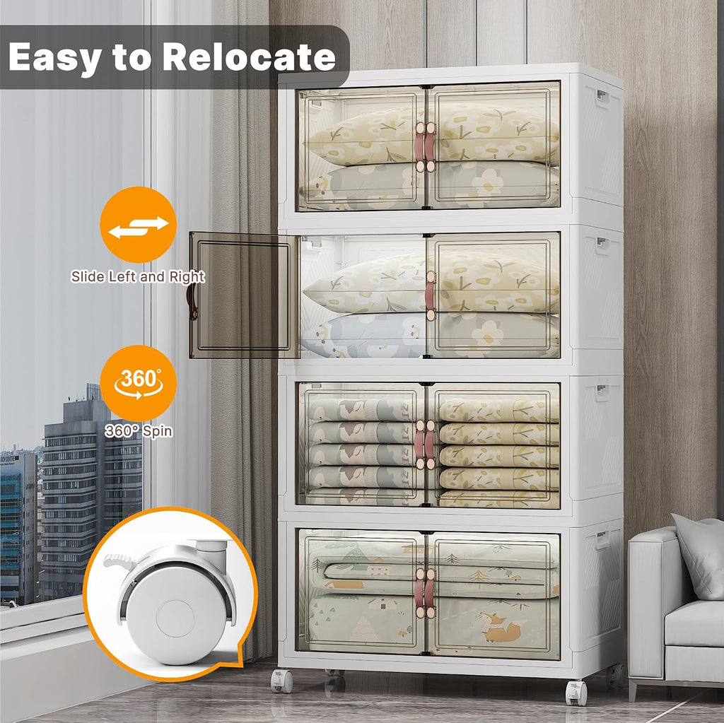 UAMFURI Stackable Storage Bins with Lids, 1400QT Closet Organizers and Storage with Doors and Wheels, Extra Large Storage Cabinet, Collapsible Plastic Drawers for Bedroom Dorm Office Garage