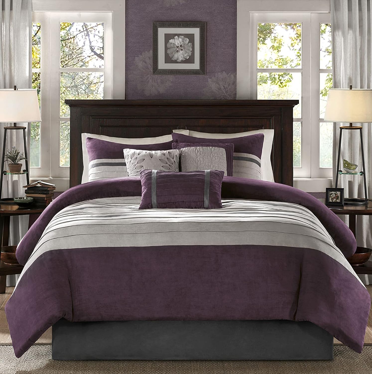 Madison Park - Palmer 7 Piece Comforter Set - Plum - California King - Pieced Microsuede - Includes 1 Comforter, 3 Decorative Pillows, 1 Bed Skirt, 2 Shams,Purple