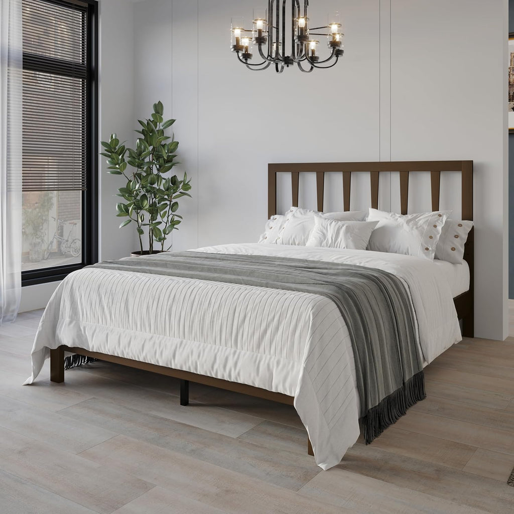 HOME DESIGN Elmira Twin Wood Platform Bed, Solid Wood Frame with Adjustable Height Headboard Leg, Easy Assembly, Brown Finish