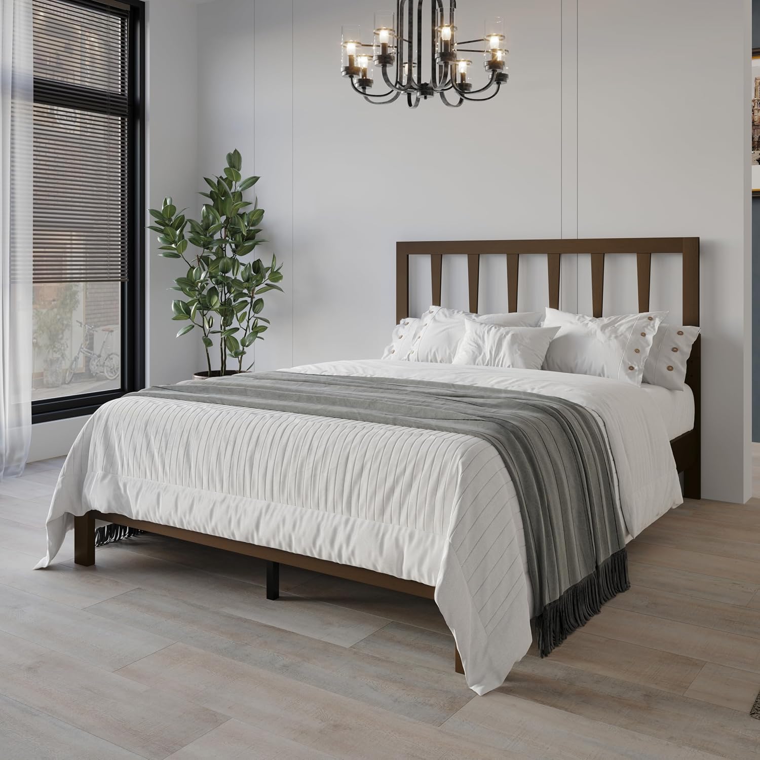 HOME DESIGN Elmira Twin Wood Platform Bed, Solid Wood Frame with Adjustable Height Headboard Leg, Easy Assembly, Brown Finish