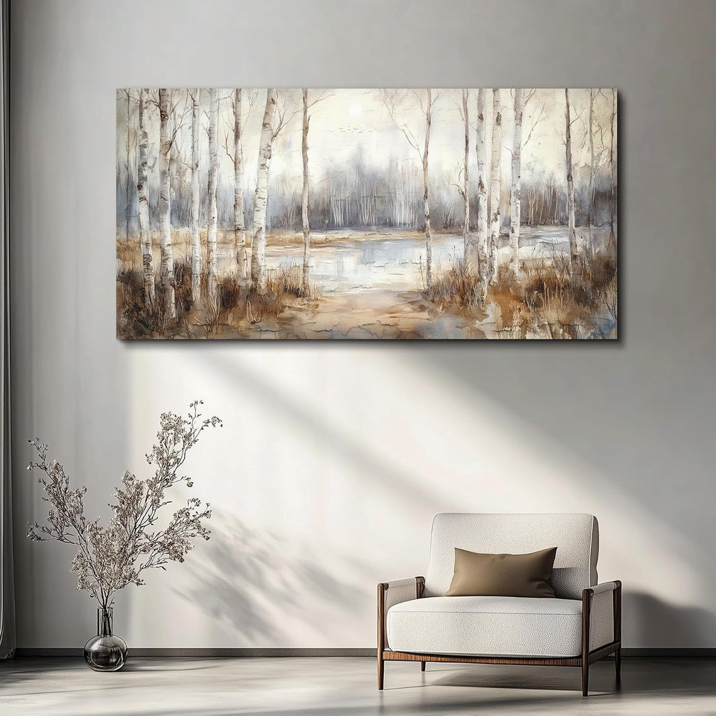 QIYILEXWART Canvas Wall Art For Living Room Large Wall Decor For Office Bedroom Decorations By The Lake Pictures Birch Forest Painting Stretched And Framed Artwork Room Ready To Hang