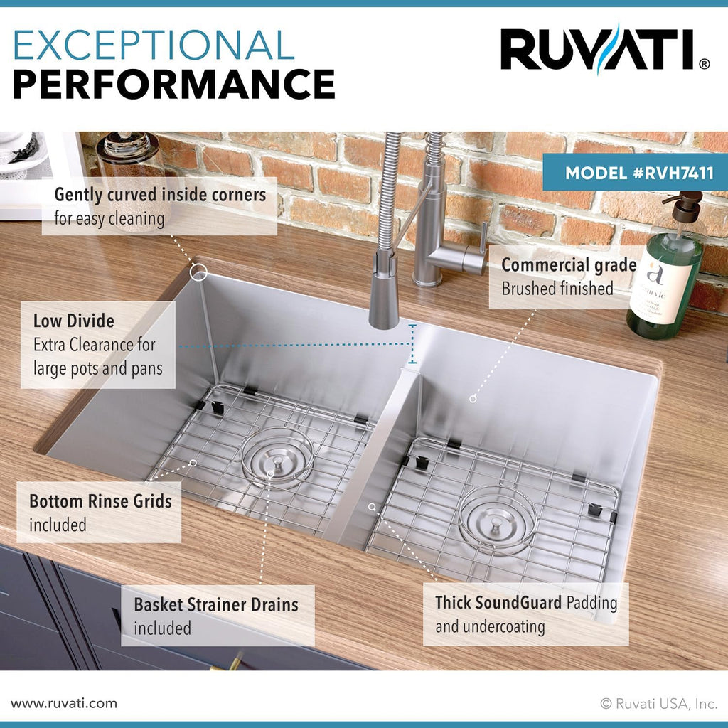 Ruvati 32-inch Low-Divide Undermount Tight Radius 50/50 Double Bowl 16 Gauge Stainless Steel Kitchen Sink - RVH7411