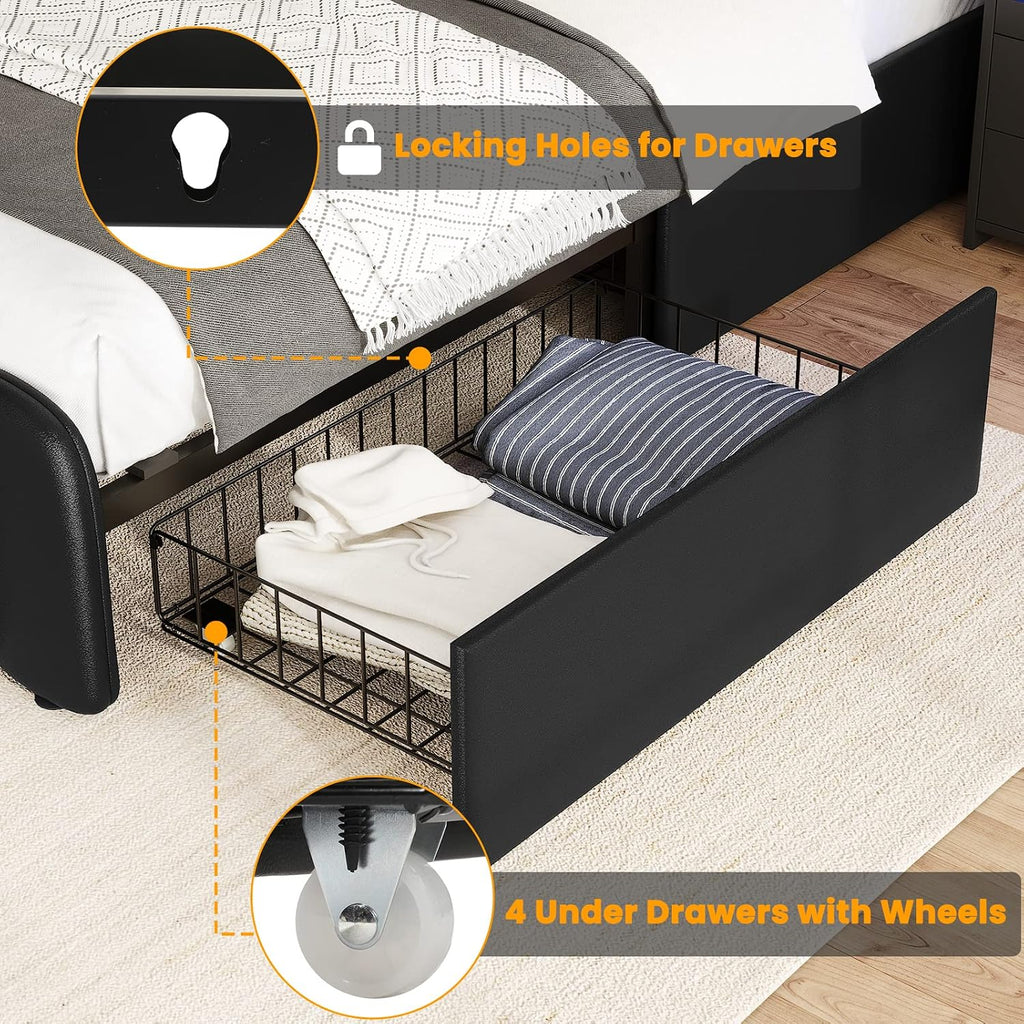 AOGLLATI Full Size Bed Frame with Headboard, 4 Storage Drawers, LED Lights, USB Ports, Wooden Slats Support, No Box Spring Needed