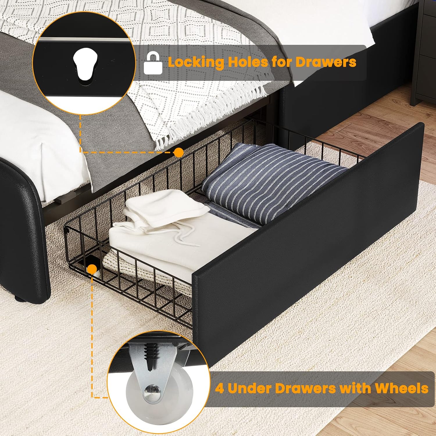AOGLLATI Full Size Bed Frame with Headboard, 4 Storage Drawers, LED Lights, USB Ports, Wooden Slats Support, No Box Spring Needed