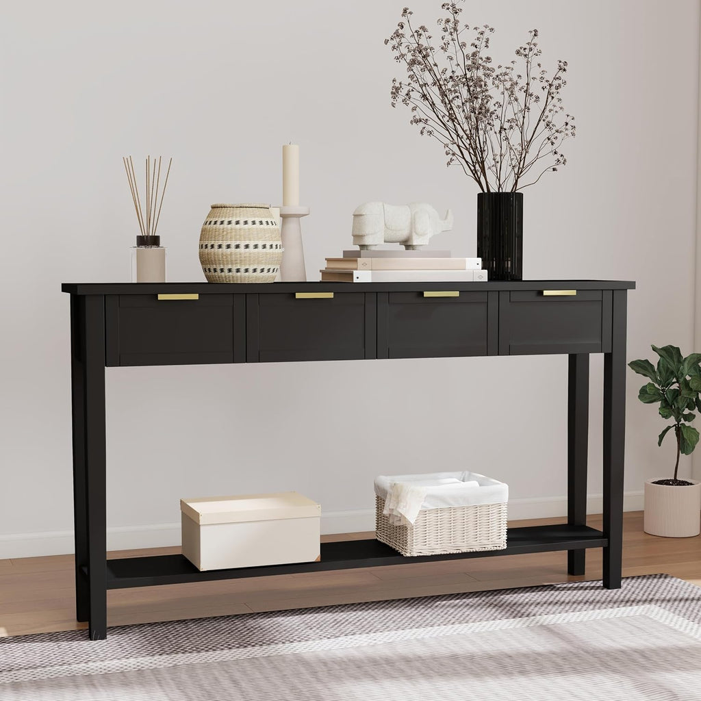 kinbor Long Console Table - 2-Tier Narrow Sofa Table with Open Shelf & 4 Drawers, Modern Narrow Console Table Entryway Table with Storage for Entryway Living Room Bedroom Kitchen, Black