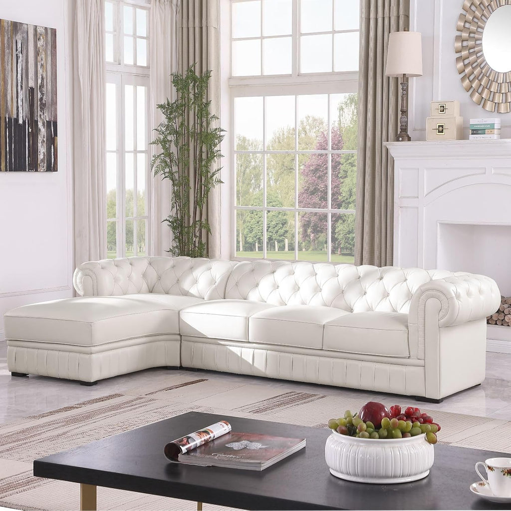 Genuine Leather Sectional Couch, L Shape Sofa with 5 Seaters for Living Room Furniture Set, Chesterfield Couches with Button Tufted Design for House/Lounge,Creamy