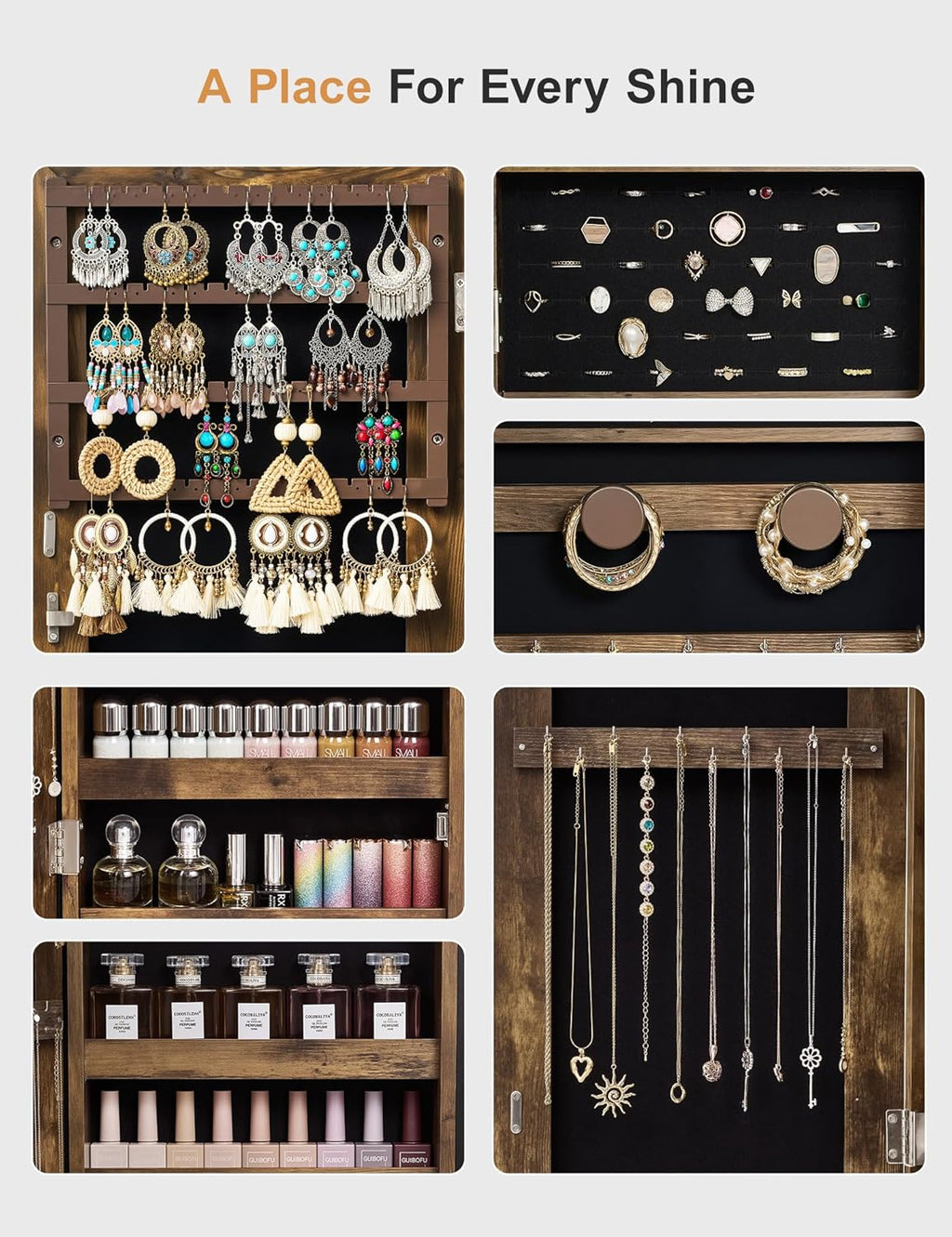 Nicetree Jewelry Cabinet Armoire with 2 Drawers, Lockable Standing Jewelry Mirror Cabinet, Full Length Mirror with Jewelry Storage, Rustic Brown