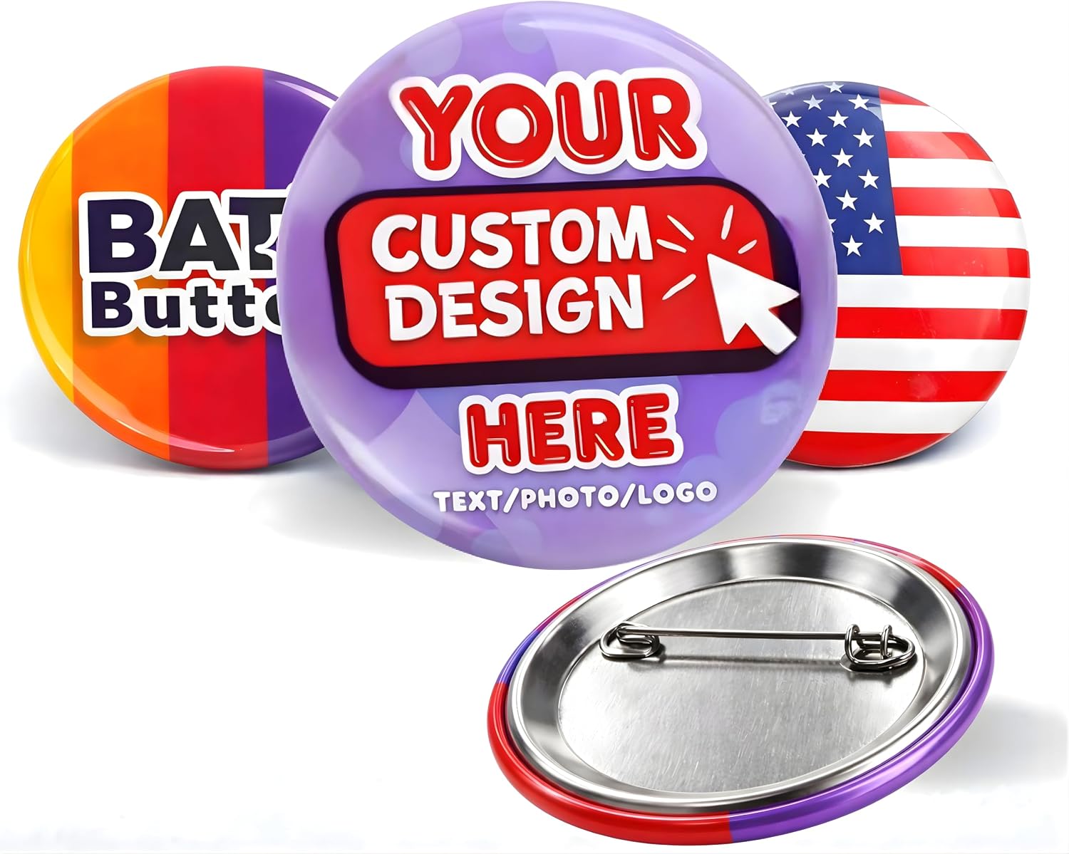 Custom Button Pins - Personalized Photo, Logo & Text Button Pins, Sizes 1, 1.5, 2.25, 3 & 3.5 Inch, Bulk 5-1000 Pcs, Pinback Buttons for Graduation, Campaigns & Events