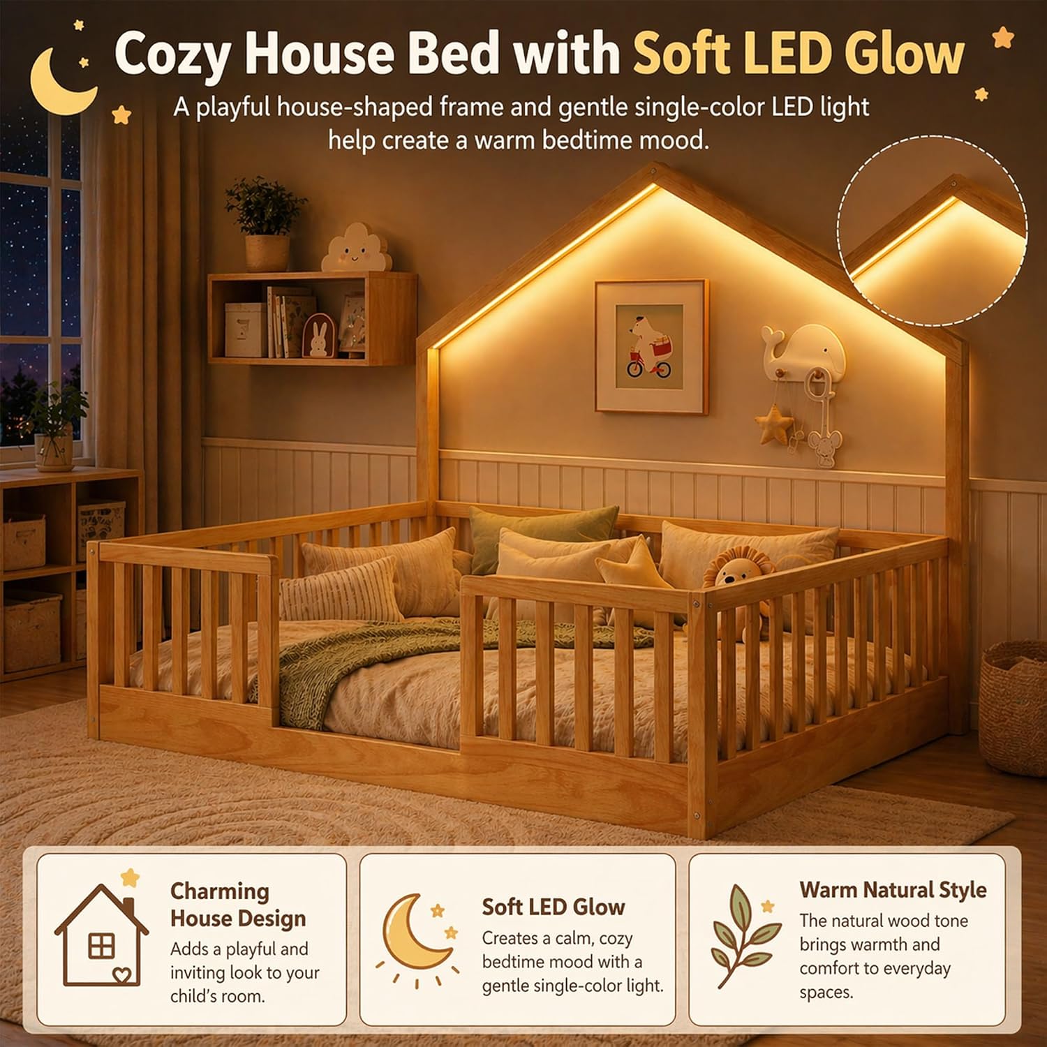 Full Size Floor Bed with High Rails, Wooden Montessori Bed Full with Light & Wood Slats, Low Profile Montessori Floor Beds for Kids, Boys & Girls, Natural