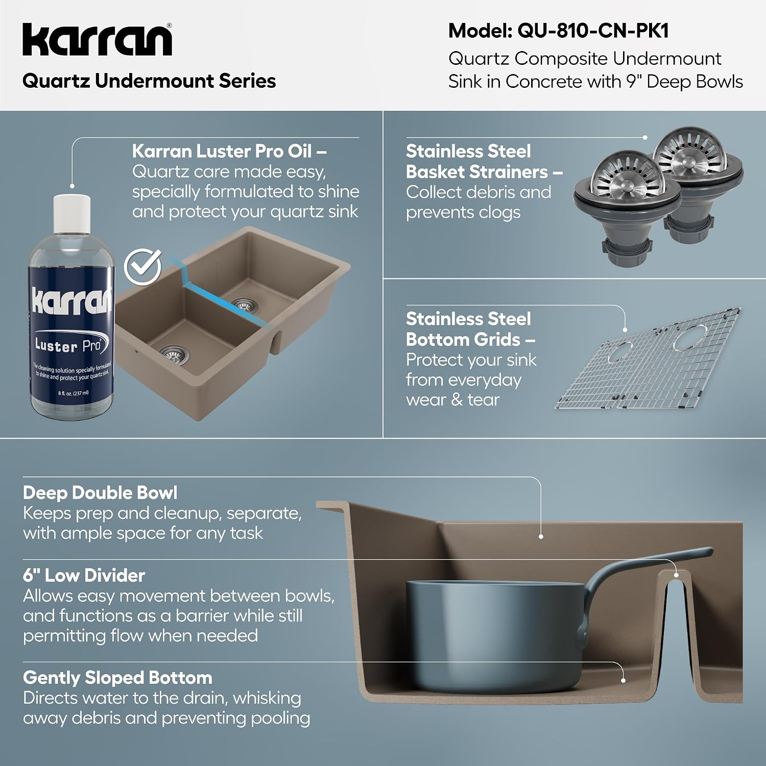 Karran QU-810 32' Undermount Double Equal Bowl Quartz Kitchen Sink Kit in Concrete