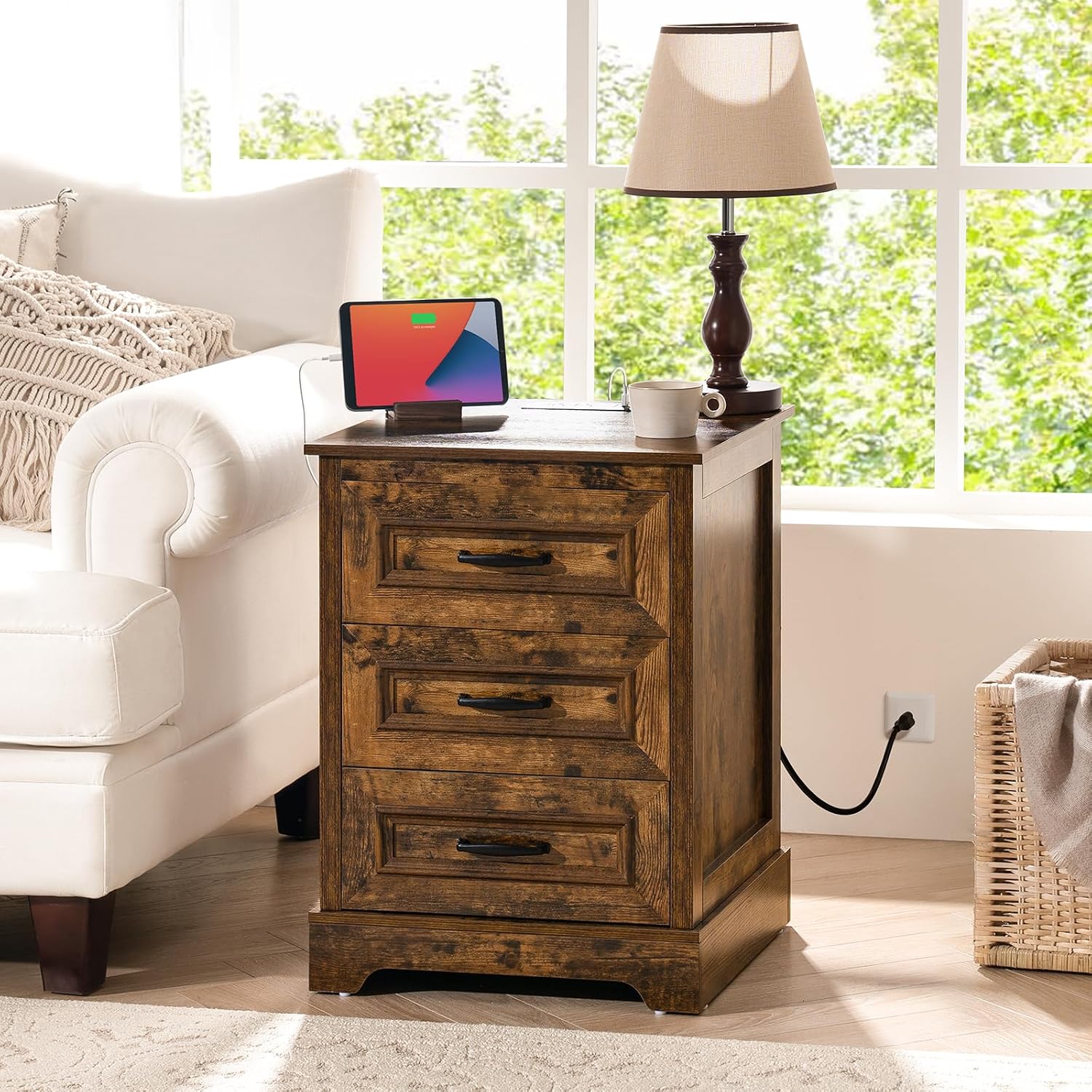 Farmhouse Nightstand with Charging Station- Wood Night Stand Set 2, 3 Drawer Nightstands Set of 2, Bedside Table with Storage, Rustic Night Stands for Bedroom, Closet, 18' Wide, 24' Tall