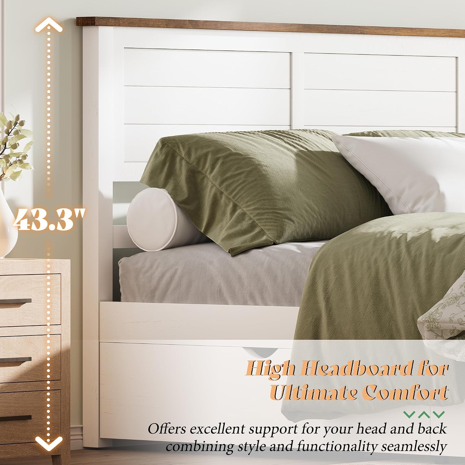 AMERLIFE Twin Bed Frame with Headboard, Platform Beds with 4 Storage Drawers, Wood Slats Support, Wood Bed Frame for Bedroom, White