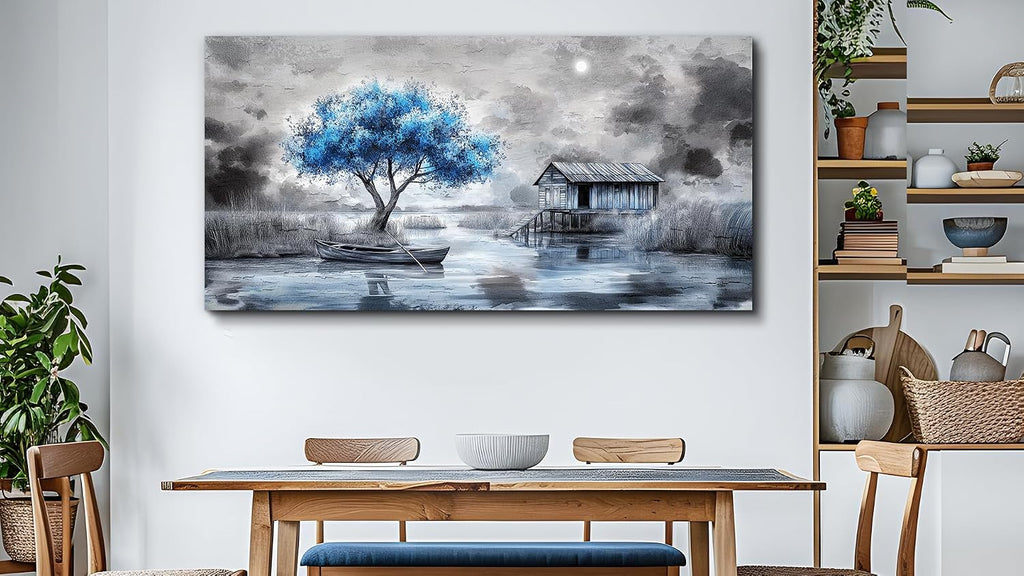 QIYILEXWART Canvas Wall Art For Living Room Large Wall Decor For Office Bedroom Decorations The Blue Tree Pictures The Hut Painting Stretched And Framed Artwork Room Ready To Hang