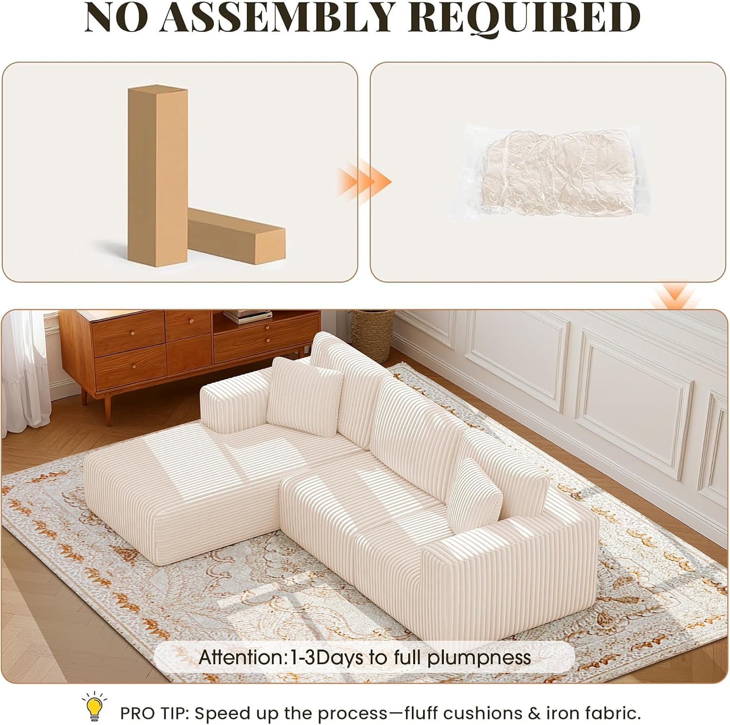 GRUSIGN 107'' Cloud Sectional Boneless Couches for Living Room, Modular L Shaped Couch with Deep Seat Oversized Left Facing Chaise, Memory Foam Compressed Spineless 3 Seater Sofa, Wide-Striped Beige