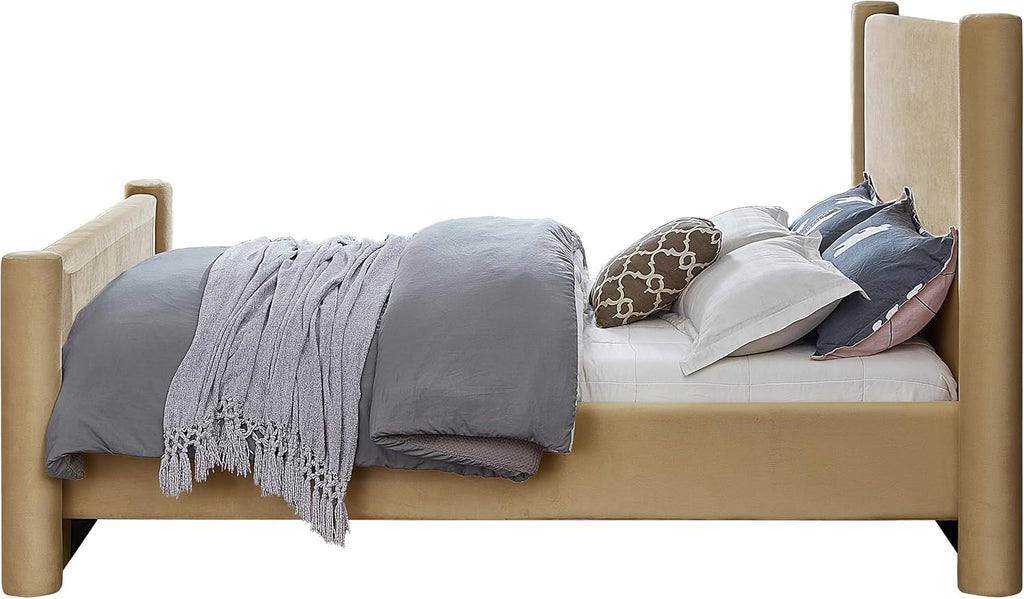 Meridian Furniture B1298Camel-Q Elias Collection Modern | Contemporary Queen Bed with Soft Camel Velvet, Solid Wood Inner Frame, 73.5' W x 88.5' D x 52' H, Camel, Queen