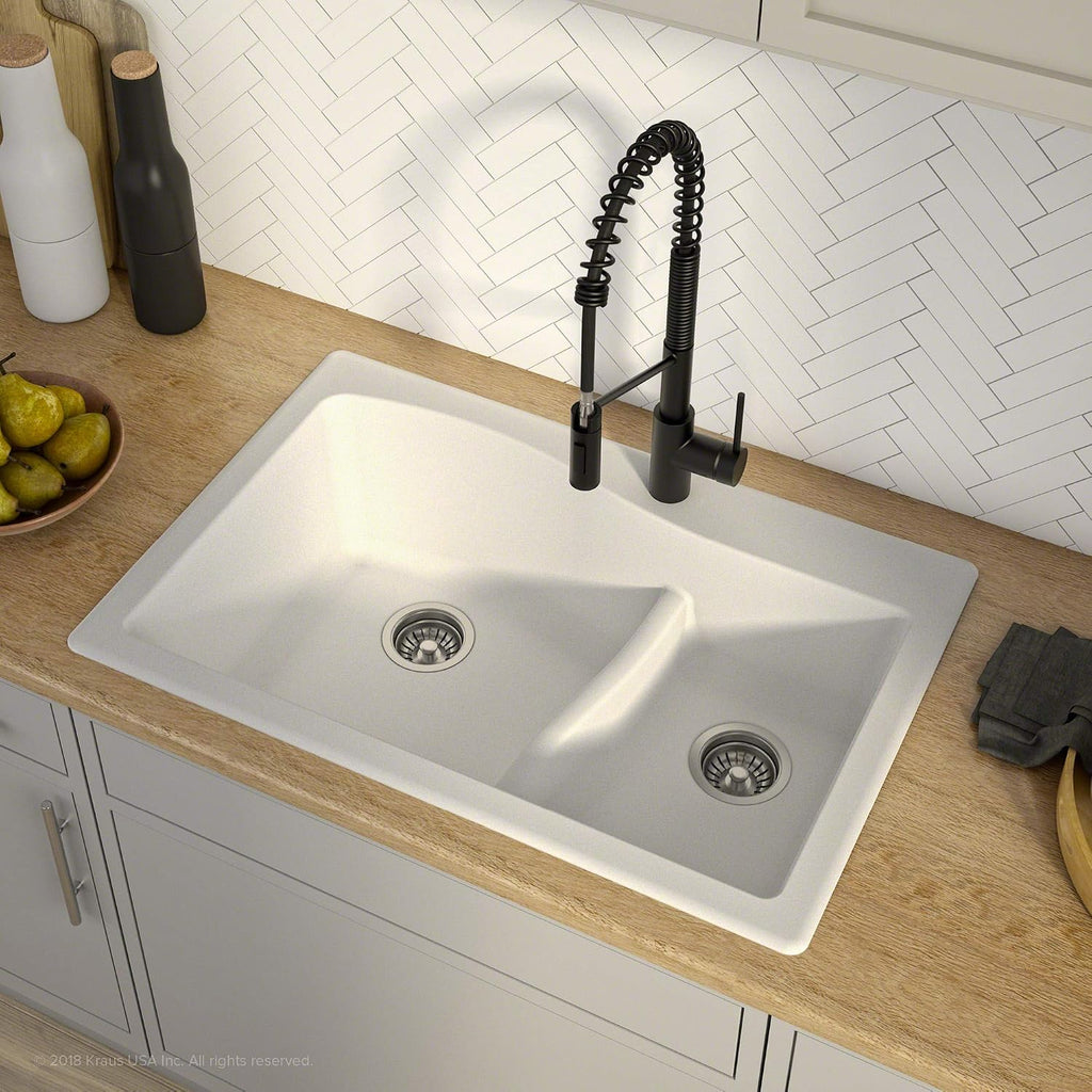 KRAUS KGD-442 Quarza 33-inch 33' Dual Mount 60/40 Double Bowl Granite Kitchen Sink in White