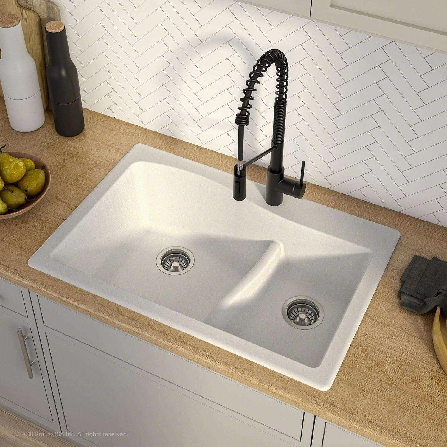 KRAUS KGD-442 Quarza 33-inch 33' Dual Mount 60/40 Double Bowl Granite Kitchen Sink in White