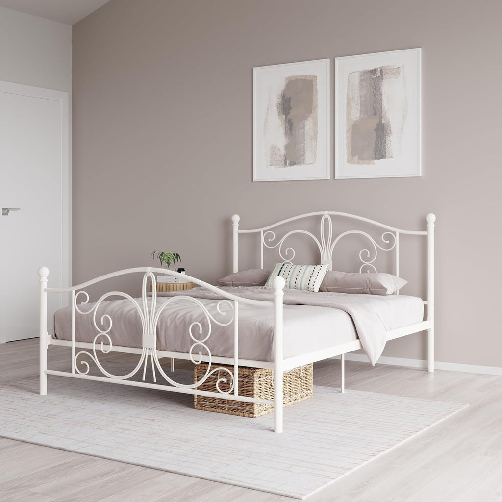 DHP Bombay Metal Platform Bed with Parisian Style Headboard and Footboard, Adjustable Base Height for Underbed Storage, No Box Spring Needed, Full, White