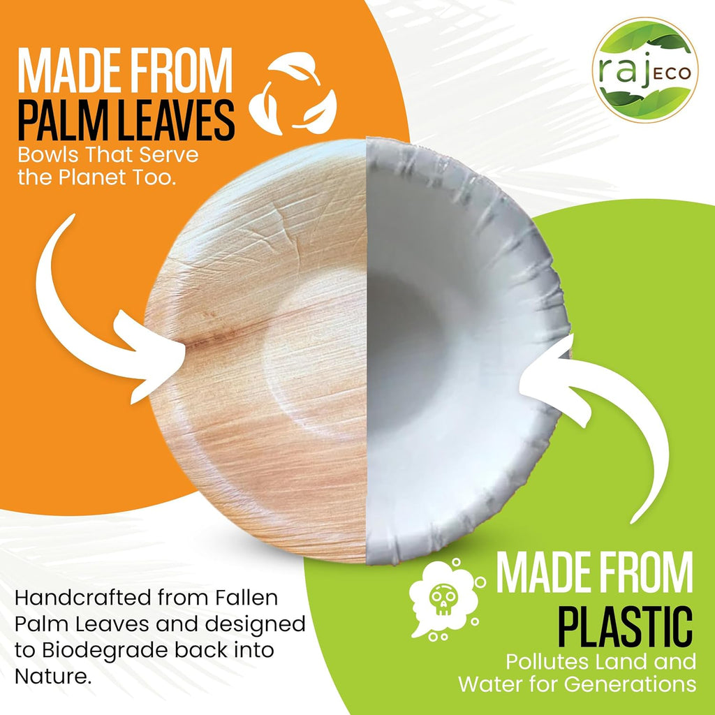 Raj Palm Leaf Bulk Bowls [50-Pack] 5' Round Bowls (6 CASES - 300 PACK) like Bamboo bowls Disposable, Strong, Decorative Compostable Tableware for weddings, Camping, Outdoor