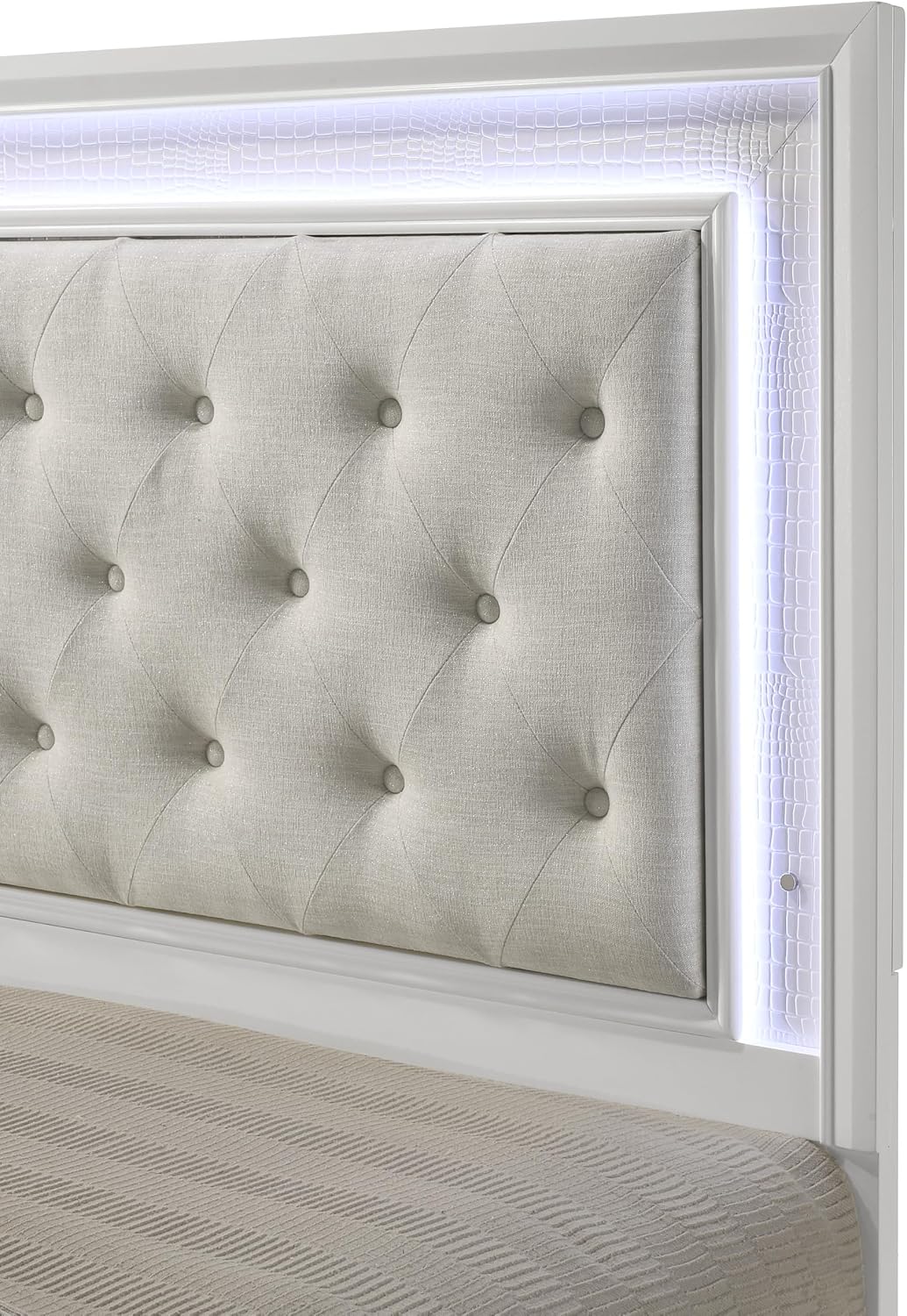 5pc Modern Crisp White Textured Finish Tufted Headboard Integrated LED Lighting Full Size Bed Set Bedroom Furniture