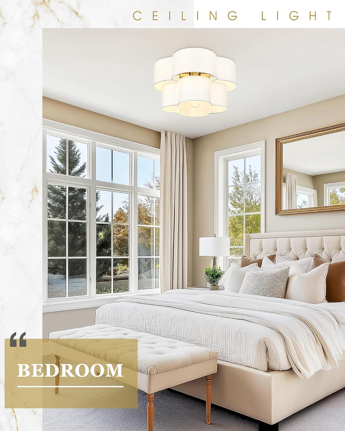 Gold Semi Flush Mount Ceiling Light, 5-Light 18' Ceiling Light Fixtures with Double Fabric Drum Shade in Quatrefoil Shape, Light Fixtures Ceiling Mount for Nursery Bedroom, AD-22007-5SF-GD