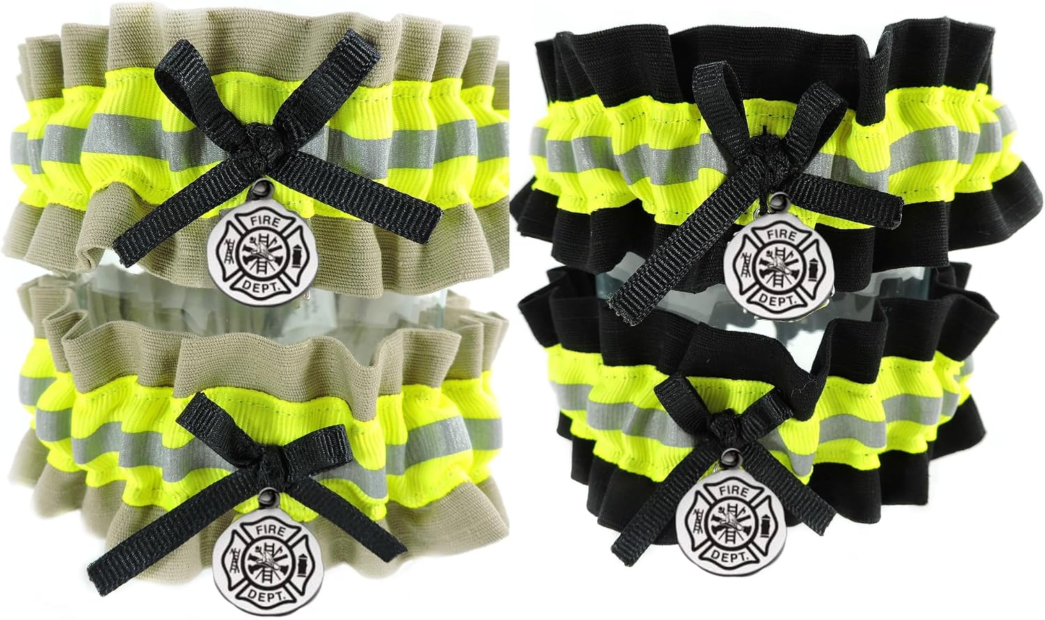 Firefighter Wedding Set, Two Garters, Guestbook, Ring Bearer Pillow, Tan Bunker Gear Look