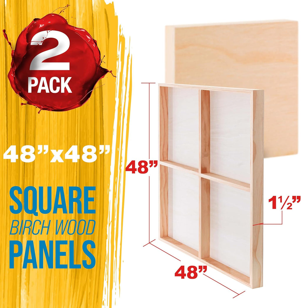 U.S. Art Supply 48' x 48' Unfinished Cradled Wood Panels for Painting, Gallery 1-1/2' Deep (2 Pack) - Artist Depth Wooden Wall Canvases - Mixed-Media Craft, Acrylic, Oil, Encaustic, Paint Pouring