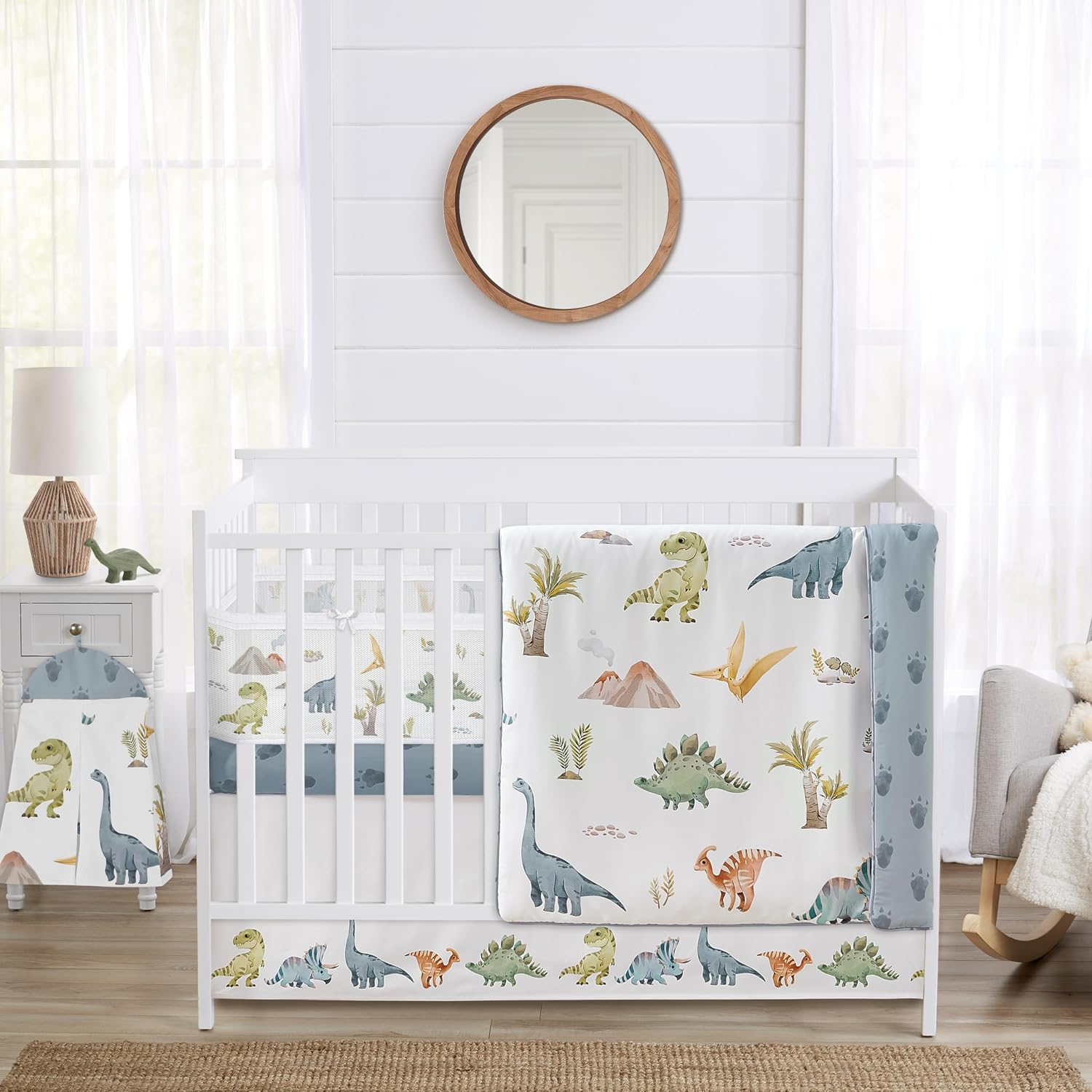 Sweet Jojo Designs Watercolor Dinosaur Dino Boy Baby Crib Bedding Set Infant Nursery Room BreathableBaby Breathable Mesh Crib Liner 6p Green Blue White Modern Dinosaurs Jurassic Animal Track Footprint