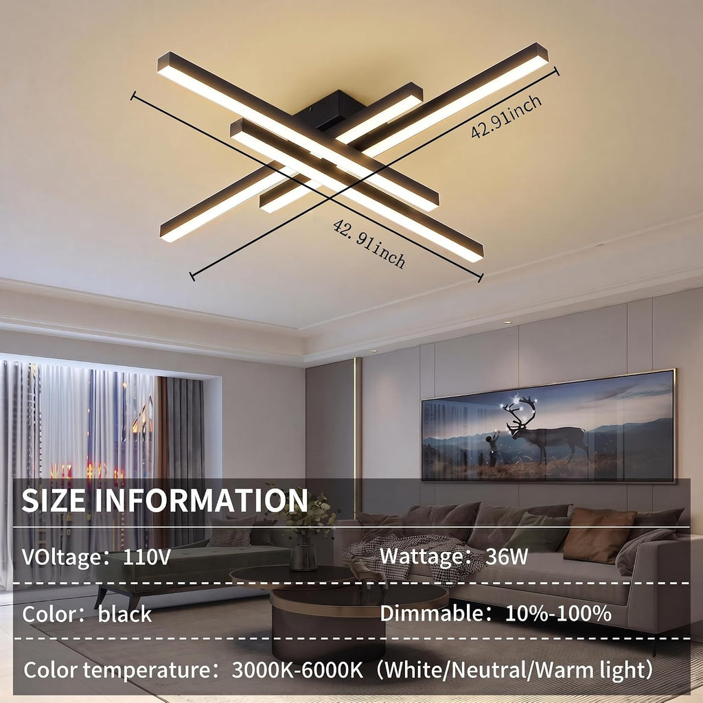 Modern LED Ceiling Lights 43.3' Black Flush Mount Ceiling Light Fixture Sputnik Dimmable Ceiling Lights with Remote Control for Bedroom Living Room Kitchen Room(4 Lights)