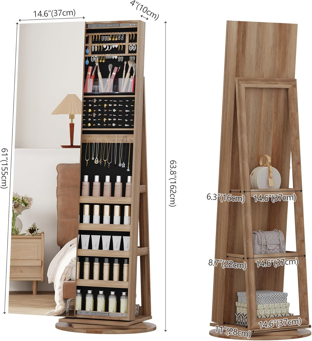 LVSOMT 360° Swivel Jewelry Cabinet with Full Length Mirror, 63' Large Capacity Jewelry Organizer Armoire, Lockable Mirror with Jewelry Storage, Floor Standing Mirror, Rear Storage Shelves