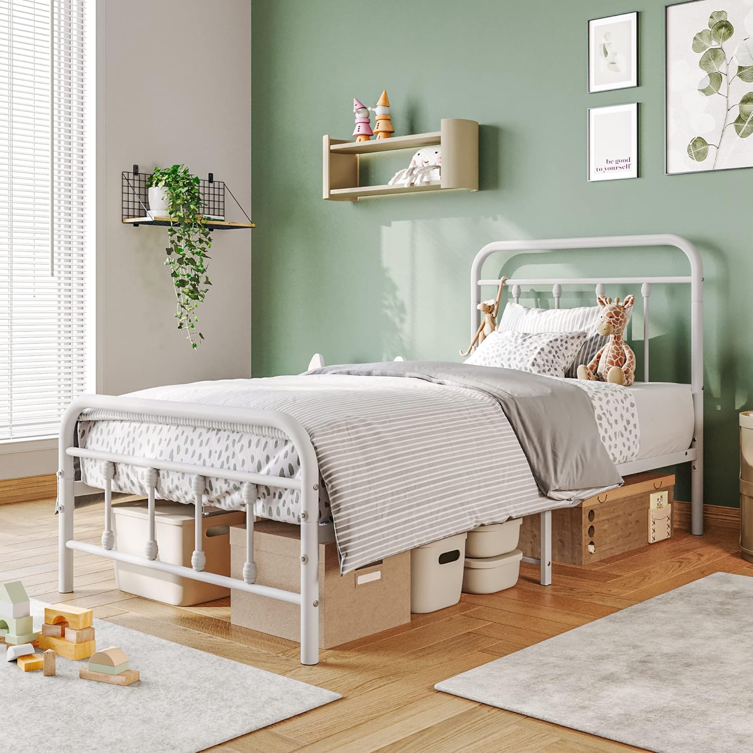 Vintage Twin Size Bed Frame with Headboard and Footboard Mattress Heavy Duty Metal Platform Bed Frame Steel Slat Support (Twin, White)