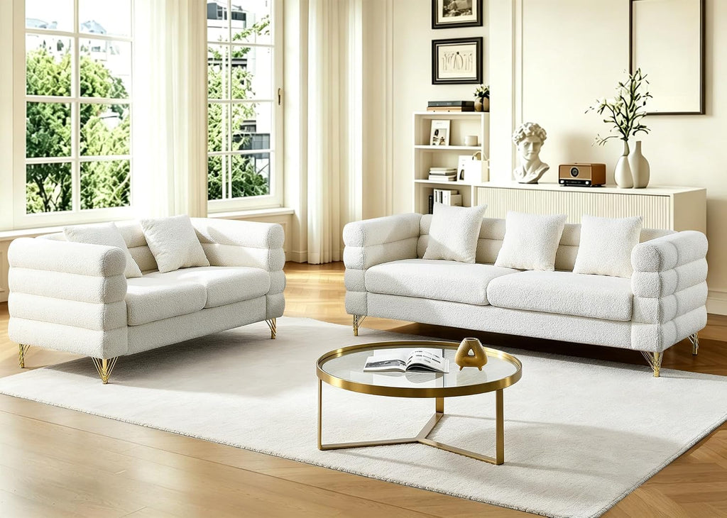 Chesterfield Velvet Button Tufted Sofa, 81'&60' Boucle Comfy Cloud Couch Upholstered Deep 5 Seater Sectional Sherpa Couch Set for Living Room Home Office Bedroom Apartment, White