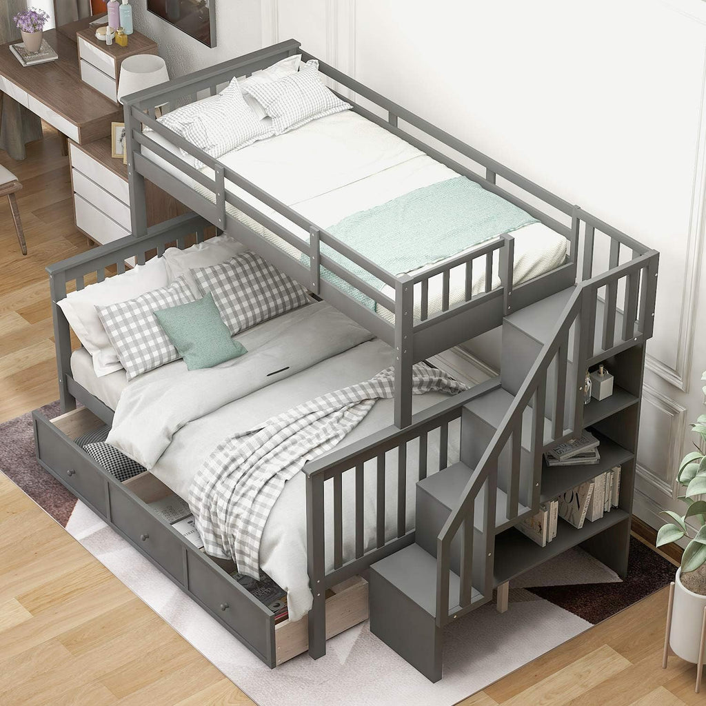 Merax Twin-Over-Full Stairway Bunk Bed with Drawer, Storage and Guard Rail for Bedroom, Dorm, for Adults (Grey)