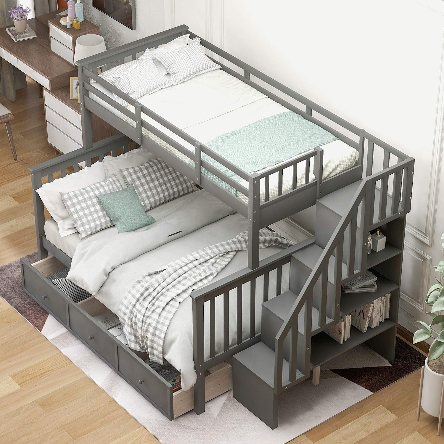 Merax Twin-Over-Full Stairway Bunk Bed with Drawer, Storage and Guard Rail for Bedroom, Dorm, for Adults (Grey)