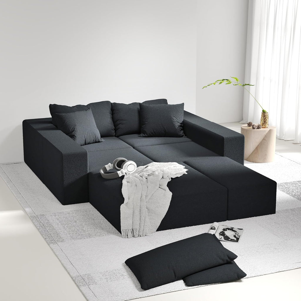 RuiSiSi Modern Upholstered Sectional Sofa Couch Set, 132' Modular L-Shaped Sectional Sofa Set with 6 Pillows, Free Combination Couch for Living Room, Bedroom, No Needed Assembly, Black
