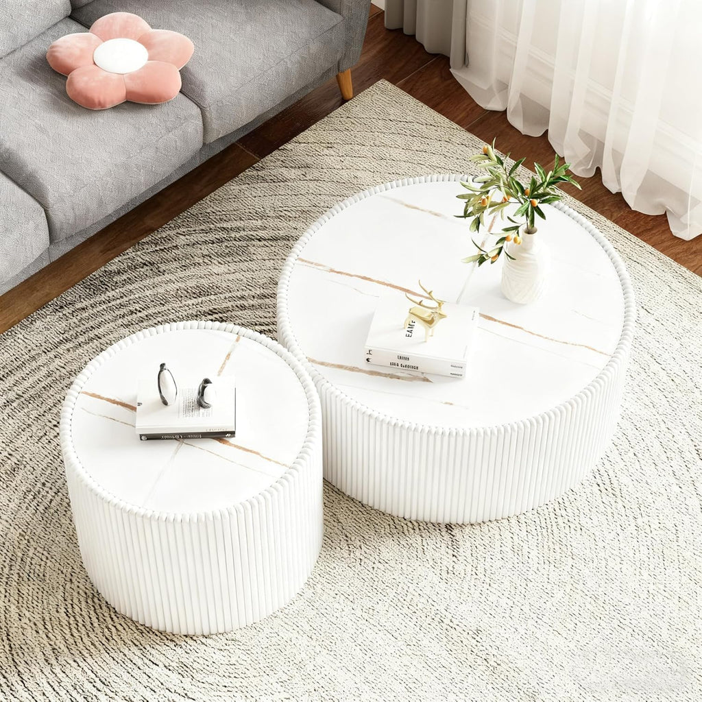 Round Living Room Table Set, 29.52' White Drum Center Table and 17.71' White Coffee Table Set, 2 Pieces Coffee Table Set with Sintered Stone Tabletop, Fluted PU Leather Covered and StableBase