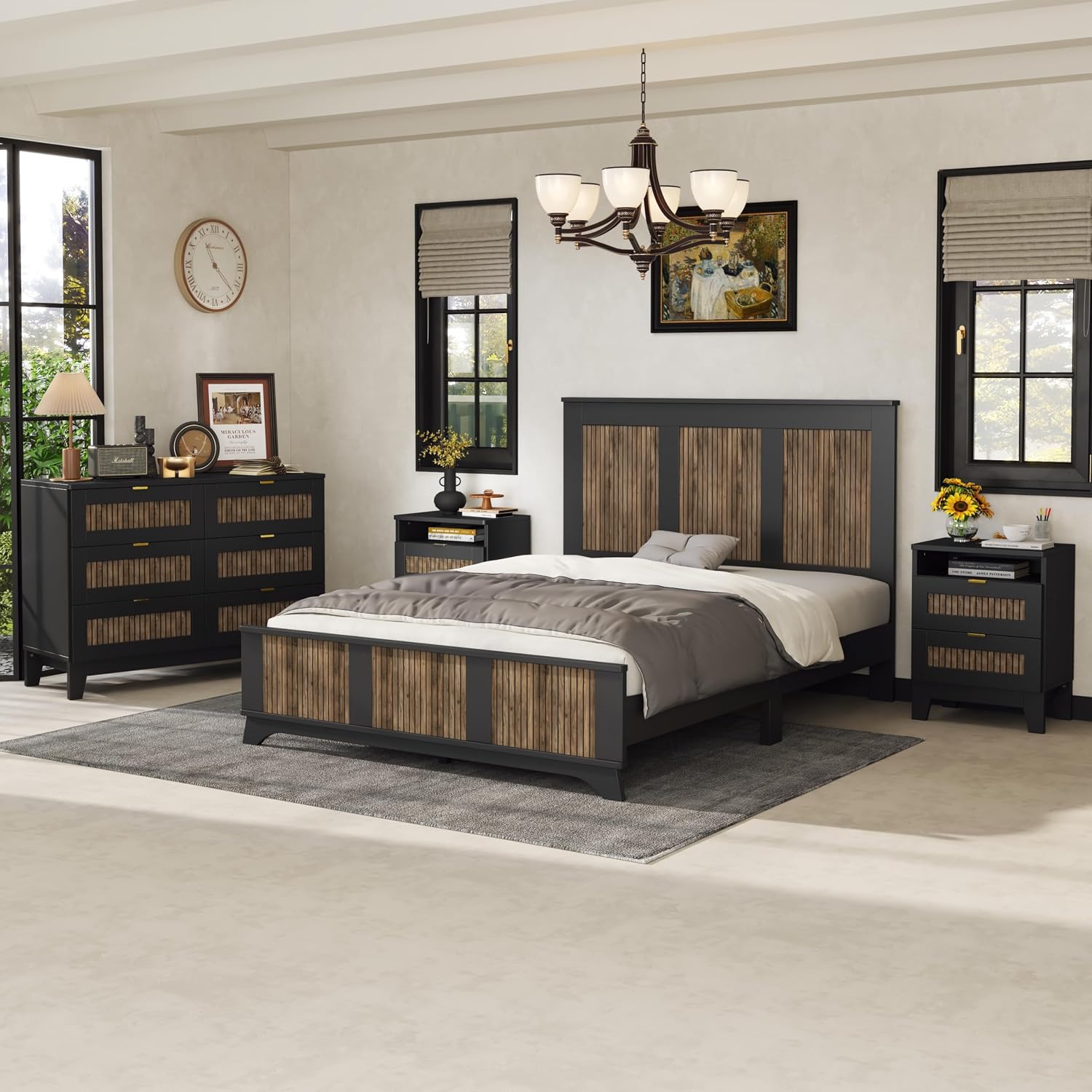 Farmhouse 4-Pieces Bedroom Sets, Queen Size Farmhouse Platform Bed with Wooden Strip Stickers Decoration, 2 Nightstands and 6 Drawer Dresser with Metal Handle (Black-4PS)