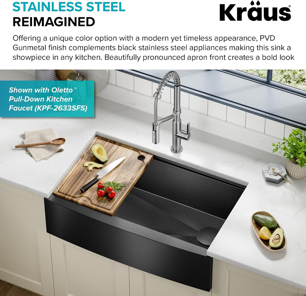 KRAUS Kore Workstation 33-inch Farmhouse Apron Front 16 Gauge Black Stainless Steel Single Bowl Kitchen Sink in PVD Gunmetal Finish with Accessories, KWF210-33/PGM