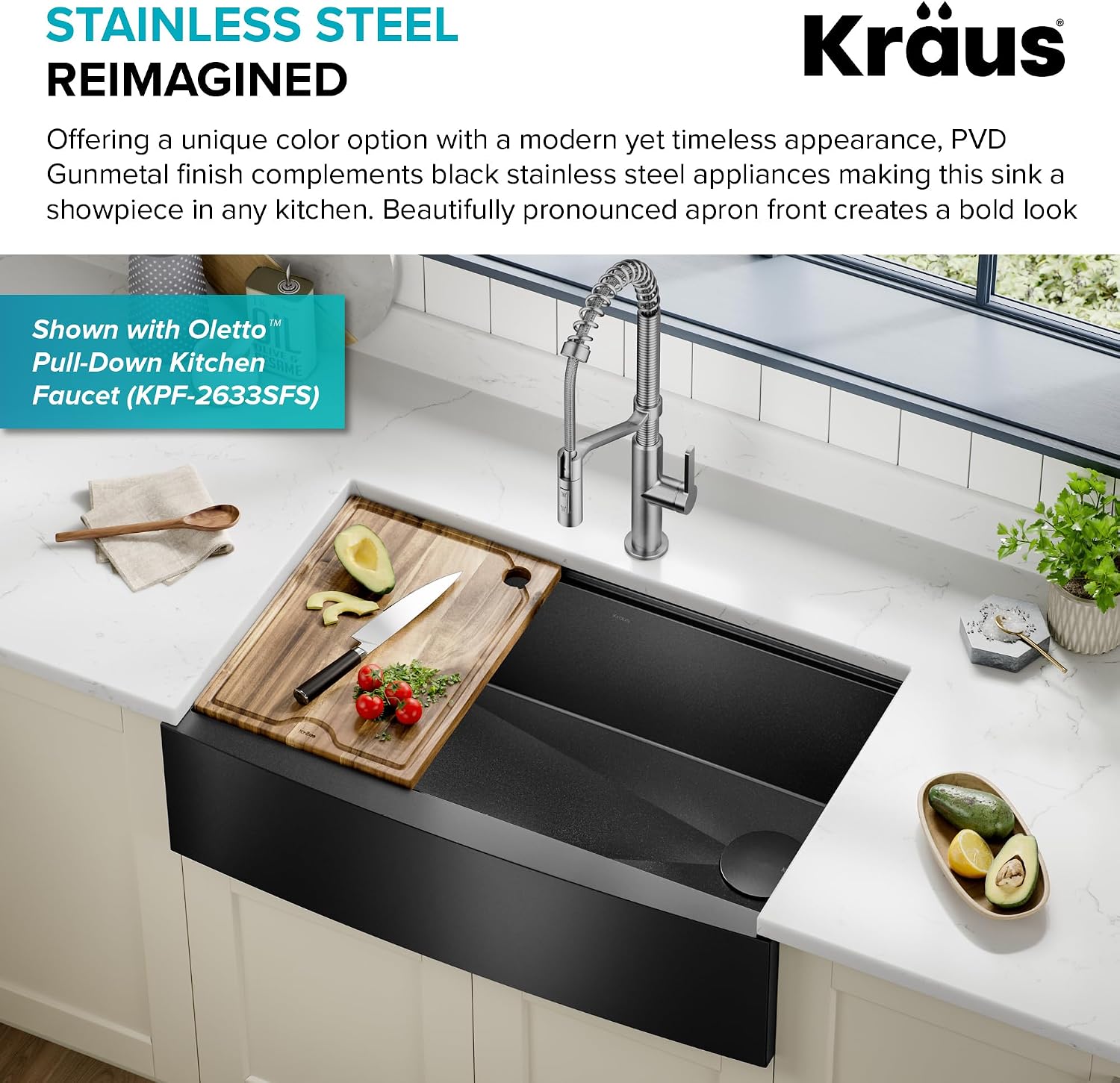 KRAUS Kore Workstation 33-inch Farmhouse Apron Front 16 Gauge Black Stainless Steel Single Bowl Kitchen Sink in PVD Gunmetal Finish with Accessories, KWF210-33/PGM